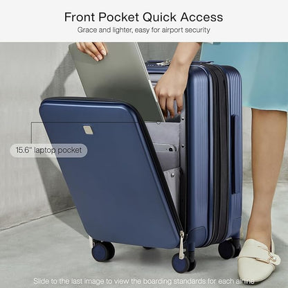 Hanke Grace Expandable Carry On Luggage with Wheels Airline Approved Hard Shell Suitcases with Front Pocket，Top Opening Luggage with TSA Lock for Short Business Travel, Dark Blue.