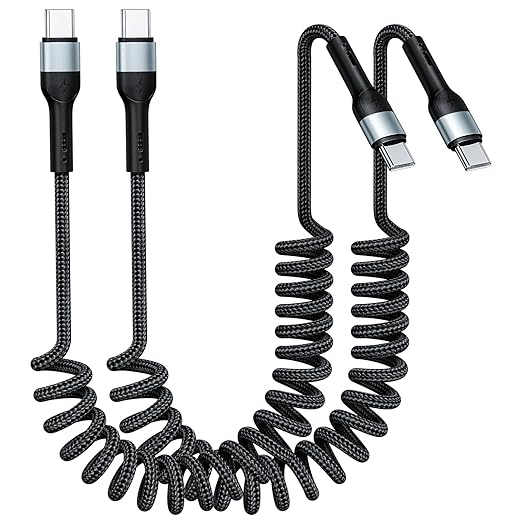 USB C to C Cable 3ft 2Pack Coiled USB C Charger Cable for Car Type C Fast Charging Cable for iPhone 17/16/15/Plus/Pro/Pro Max/Samsung Galaxy S23 Nylon Braided USBC Cable