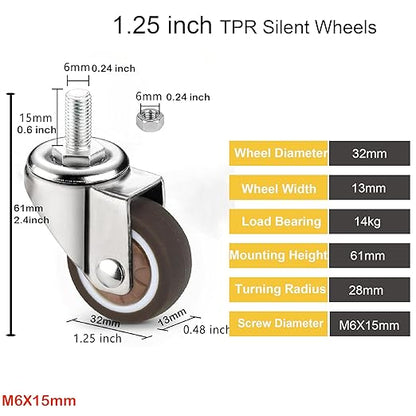 1.25" M6x15 Stem Casters Bolt Threaded Wheels,TPR Mute Rubber Swivel Single Caster Screws in Wheel Small with 2 Brake Locks-Brown