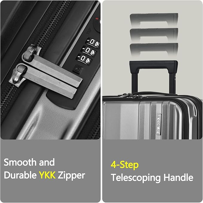 TydeCkare 16" Carry on Luggage with 2 Laptop Compartments, Lightweight Hardshell ABS+PC Suitcase with Dual Control TSA Lock, with YKK Zipper, 4 Spinner Silent Wheels, for Business Travel, Silver Grey