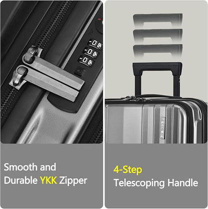 TydeCkare 16" Carry on Luggage with 2 Laptop Compartments, Lightweight Hardshell ABS+PC Suitcase with Dual Control TSA Lock, with YKK Zipper, 4 Spinner Silent Wheels, for Business Travel, Silver Grey