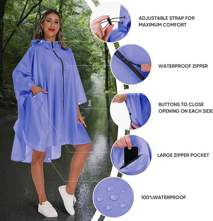 PTEROMY Hooded Rain Poncho for Adult with Pocket and Zipper, Waterproof Lightweight Raincoat for Men and Women