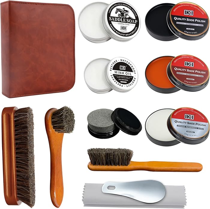 IKI Shoe Polish & Shine Kit - 12 PCS Leather Boot Care Kit with Shoe Polish, Saddle Soap, Mink Oil, Shoe Shine Sponge, Horsehair Shoe Brush, Suede Cloth, Shoe Horn & Storage Bag – Gift for Men & Women