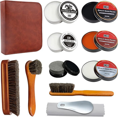 IKI Shoe Polish & Shine Kit - 12 PCS Leather Boot Care Kit with Shoe Polish, Saddle Soap, Mink Oil, Shoe Shine Sponge, Horsehair Shoe Brush, Suede Cloth, Shoe Horn & Storage Bag – Gift for Men & Women