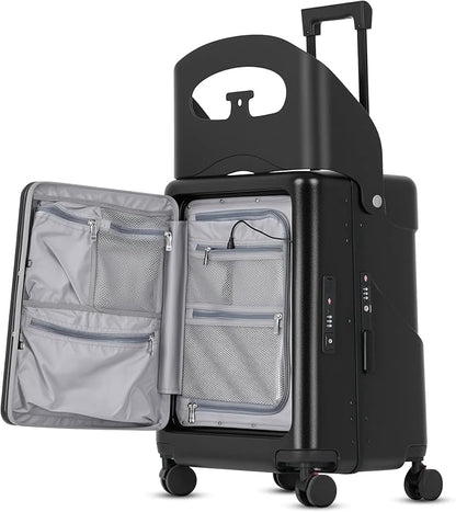 advwin 20" Carry-On Luggage with Seat for Kids & Adults, Lightweight Hardside Ride-On Suitcase with Front Opening, TSA Lock, 360° Spinner Wheels (Black, 20-inch)