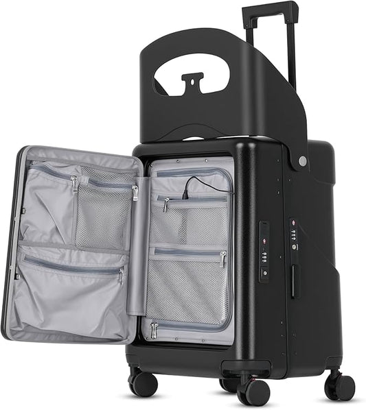 advwin 20" Carry-On Luggage with Seat for Kids & Adults, Lightweight Hardside Ride-On Suitcase with Front Opening, TSA Lock, 360° Spinner Wheels (Black, 20-inch)