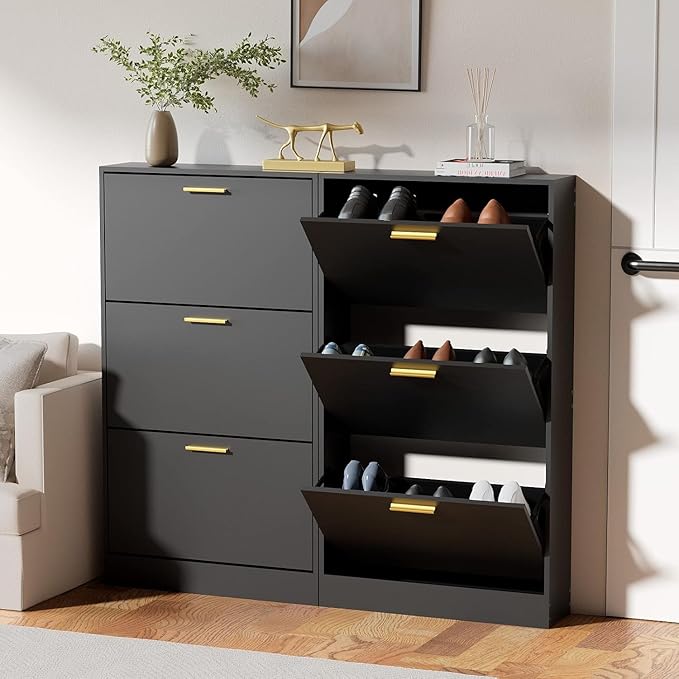 JOZZBY Shoe Cabinet, Black Shoe Cabinet with 3 Flip Drawer, Hidden Shoe Storage Freestanding Shoe Rack Cabinet for Entryway, Hallway, Living Room