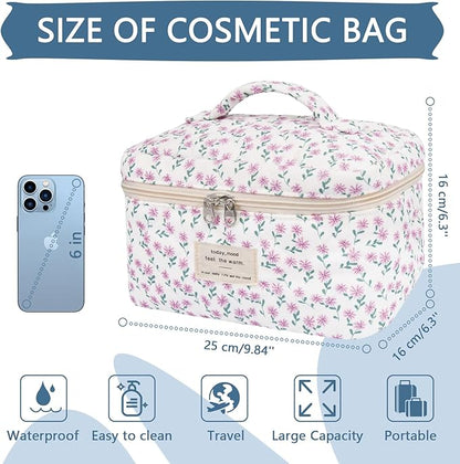 Large Makeup Bag, Cute Cosmetic Bag for Women Girls, Floral Coquette Aesthetic Toiletry Bag, Travel Make Up Organizer Bag (Purple Flower)