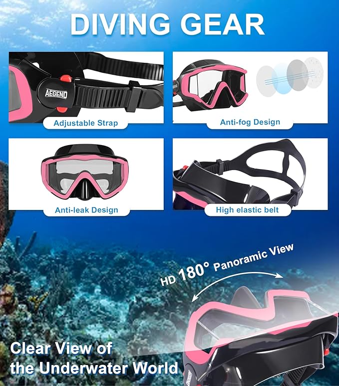 Aegend Snorkeling Gear for Adults Youth Kids, Dry Snorkel Set Panoramic View Enhanced Anti-Leak and Anti-Fog Technology, Adjustable Strap for Snorkeling Scuba Diving Swimming with Mesh Bag