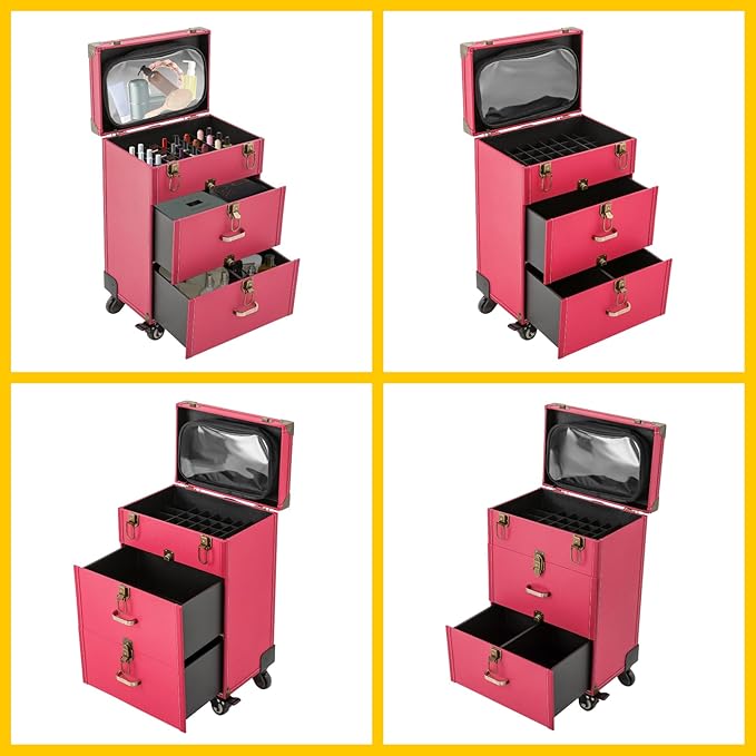Rolling Makeup Case w/ 2 Keys, 3-tier Lockable Makeup Train Case w/ Drawers, Removable Baffle Nail Polish Organizer, Travel Cosmetic Case w/ 15-34in Telescopic Rod, 14.2*9*39.76in, Bronze Latch+Rose