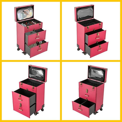 Rolling Makeup Case w/ 2 Keys, 3-tier Lockable Makeup Train Case w/ Drawers, Removable Baffle Nail Polish Organizer, Travel Cosmetic Case w/ 15-34in Telescopic Rod, 14.2*9*39.76in, Bronze Latch+Rose