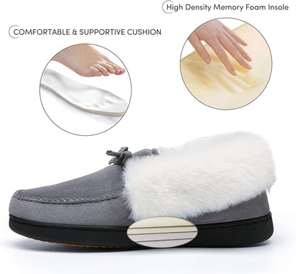 Mishansha Women's House Shoes Memory Foam Suede Moccasin Slippers Winter Warm Fleece Lined Home Shoes with Anti-Skid Rubber Sole
