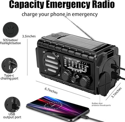 20000mah Hand Crank Emergency Radio, SW/NOAA/AM/FM Weather Radio, Solar Powered Hand Crank Charger with Big Battery Powered, Portable, Cellphone Charge, SOS, Flashlight for Emergency/Home (Black)