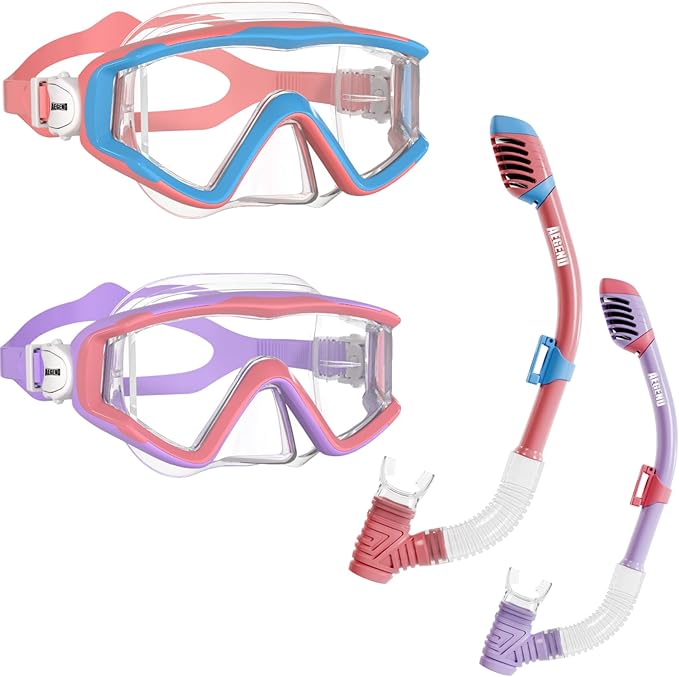 Aegend Snorkeling Gear for Adults Youth Kids, Dry Snorkel Set Panoramic View Enhanced Anti-Leak and Anti-Fog Technology, Adjustable Strap for Snorkeling Scuba Diving Swimming with Mesh Bag
