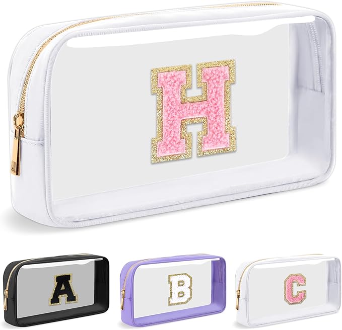 Personalized Initial Letter Clear Makeup Bag,Preppy Small Nylon&PVC Cosmetic Zipper Bag with Chenille Letter,Travel Skincare Toiletry Bag,Monogram Christmas Gift for Teen Girls Women,H