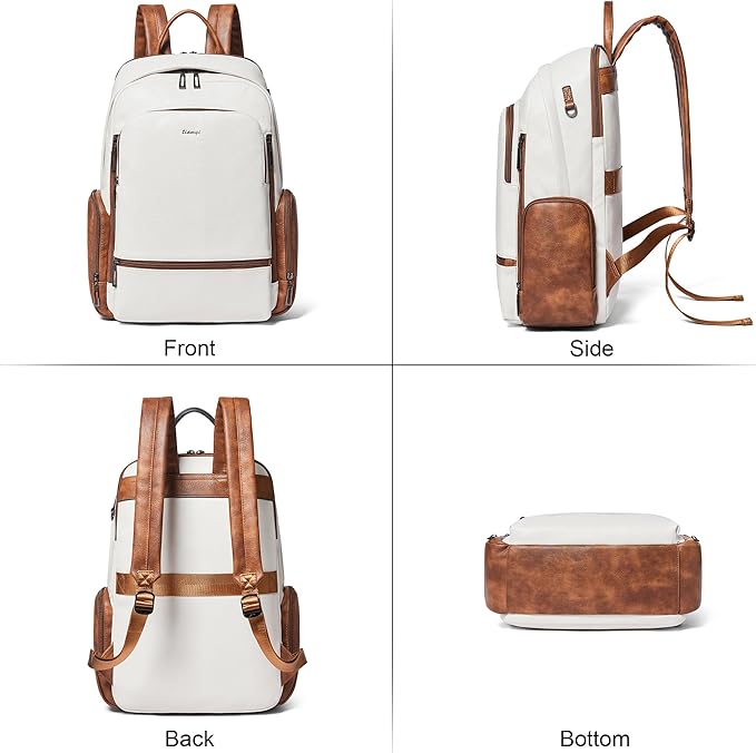 Leather Backpack for Women, Fits 15.6 Inch Laptop, Soft Vegan Leather Backpack for Travel and Daily Use, Beige