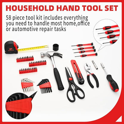 58-Piece Tool Kit Basic Home Repair Tool Set, General Household Hand Tool Kit,Small Tool Kit with Plastic Toolbox Mini Tool kit for Women, Office & College Repairs Red