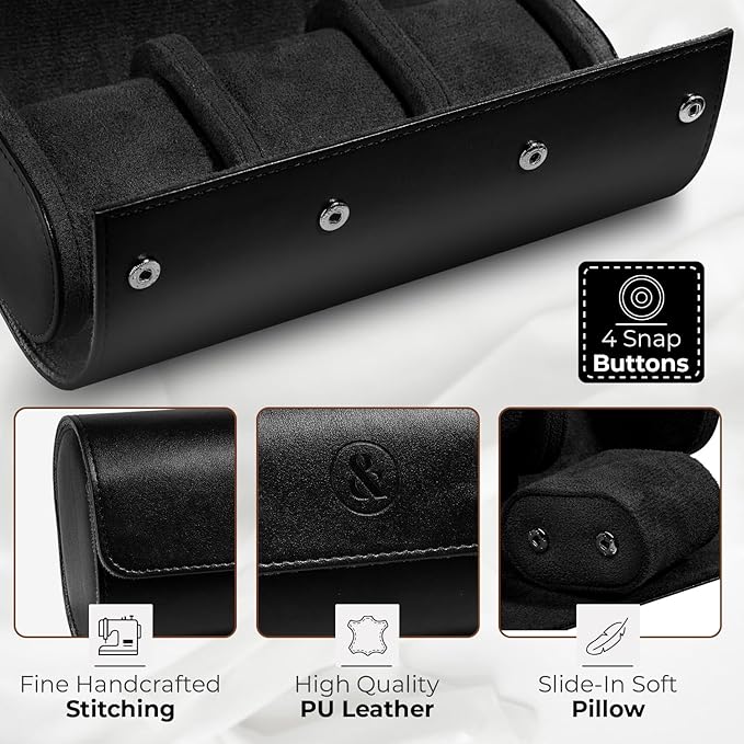 W&S Watch Roll Travel Case for Men and Women with 3 Watch Storage Organizer - Secure Storage with Innovative Removable Pillows & Solid Dividers for Home, Travel and Display (Black)