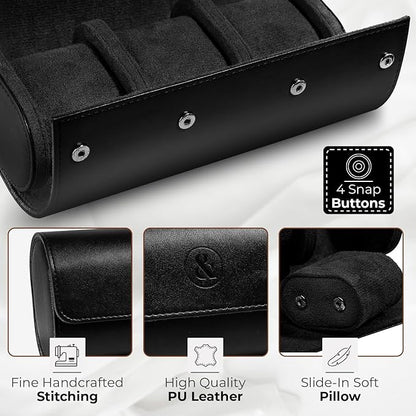 W&S Watch Roll Travel Case for Men and Women with 3 Watch Storage Organizer - Secure Storage with Innovative Removable Pillows & Solid Dividers for Home, Travel and Display (Black)