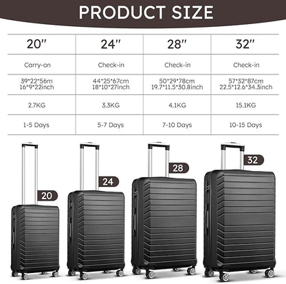 11 Piece Travel Luggage Sets(20″24″28″32″), 4 Piece Hardshell Suitcase with Wheels, 20inch Carry on Luggage, 24inch 28inch 32inch Checked Luggage with 7PC Packing Bags