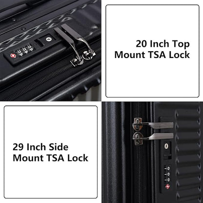 2 pieces 20/29 Aluminum Frame Carry On and Checked Luggage Set with Side Opening, Lightweight Hardshell ABS+PC Trunk Suitcase with TSA Lock, 360° Universal Wheels & Adjustable Handle, Black