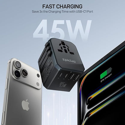 EPICKA GaN 45W Universal Travel Adapter, European Travel Plug Adapter with PD&QC Fast Charging(2 USB-A & 3 USB-C Ports) - Worldwide Travel Essentials, International Power Adapter for UK/US/AU (Black)