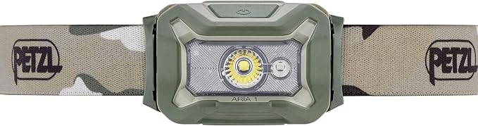 PETZL, Aria 1 Headlamp Camo, Compact headlamp Ideal for Hunting and Fishing. White, red, Green, or Blue Lighting to Preserve Night Vision and Provide Stealth. 350 lumens