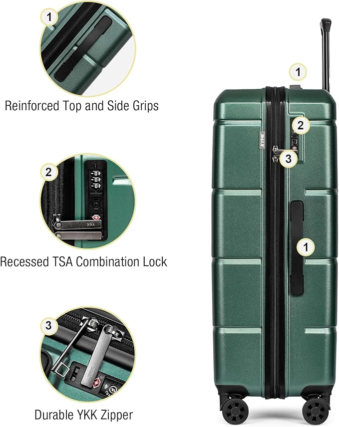 KYME 28 Inch Luggage TSA Approved Hardshell Large Suitcases with Wheels Durable Big Checked Luggage Travel Rolling Suitcases for Women Men Green