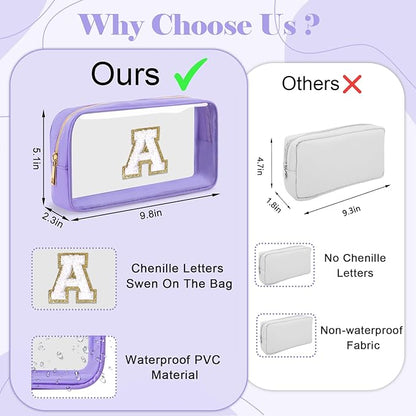 Personalized Initial Letter Clear Makeup Bag,Preppy Small Nylon&PVC Cosmetic Zipper Bag with Chenille Letter,Travel Skincare Toiletry Bag,Monogram Christmas Gift for Teen Girls Women,G