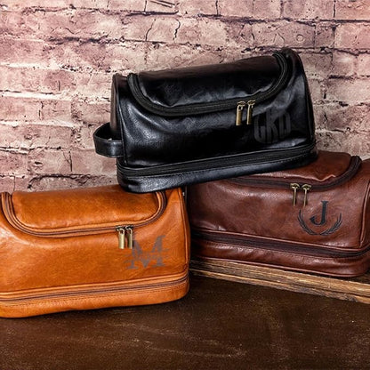Custom Toiletries Travel Bag Leather Personalized Name Monogram Initial Toiletry Bag For Men Groomsmen Birthday Gifts For Dad Son Boyfriends Husband Size 11.4×4.9×6.5INCH