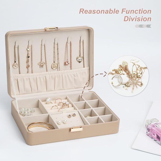 Leather Jewelry Box with Lock Small Jewelry Chest for Women Gift Box for Necklace, Ring, Earring Storage Portable Design Apricot