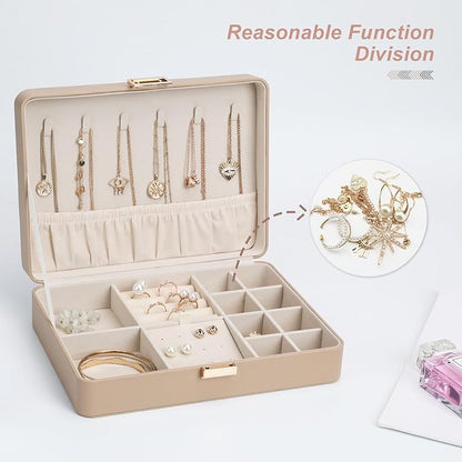 Leather Jewelry Box with Lock Small Jewelry Chest for Women Gift Box for Necklace, Ring, Earring Storage Portable Design Apricot