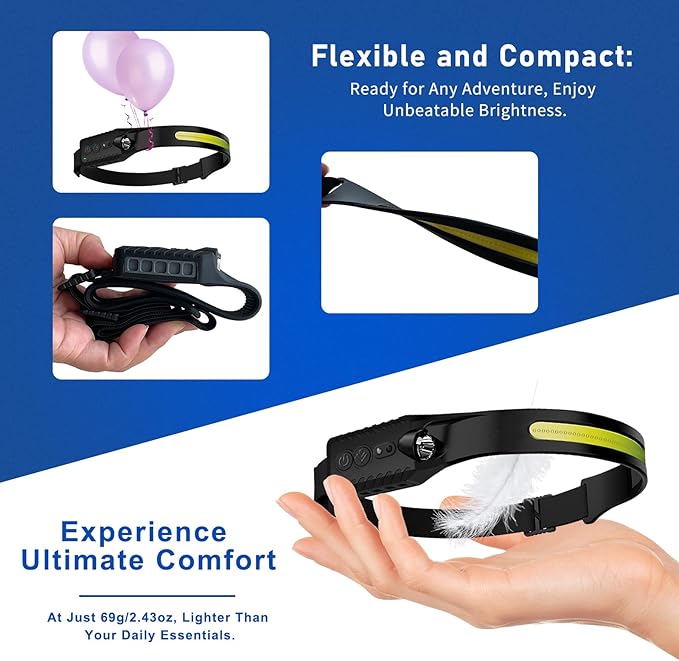 Rechargeable LED Headlamp, 400 Lumens, 230° Wide Beam, USB-C, IPX4, 5 Modes — Lightweight, Adjustable Headband; Hard Hat Clips for Camping, Hiking, Running, Repairs & Gift (4 pack, Black)