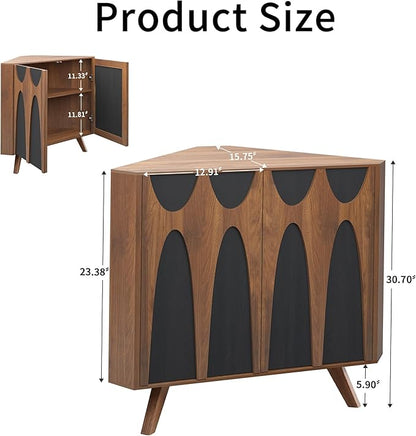 Small Corner Cabinet,Corner Floor Cabinet with Adjustable Doors and Shelve, Freestanding Narrow Storage Organizer for Kitchen Living Room Bathroom (Walnut and Black)