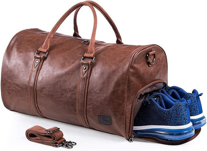 Leather Travel Bag with Shoe Pouch, Waterproof Weekender Overnight Bag,Carry On Duffel Bag for Men Women-Brown
