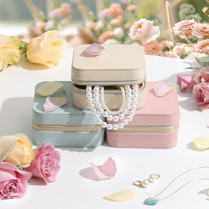 Genuine Leather Travel Jewelry Case Organizer with Mirror for Women, Small Jewelry Box Portable Mini Jewelry Case for Earring, Ring, Necklace, Bracelet(Pink)