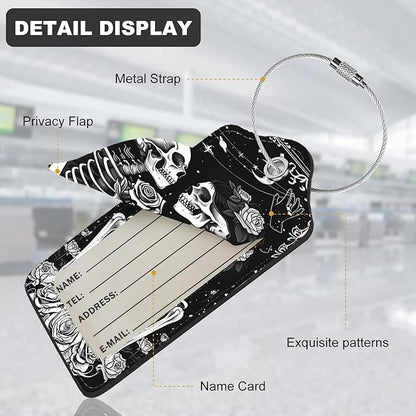 2Pack Luggage Tags for Suitcases, Cute Unique Pu Leather Cruise Luggage Tag with Privacy Cover ID Label Address Card and Metal Ring Suitable for Women Men Kids Travel Bag Skeletons and Flowers