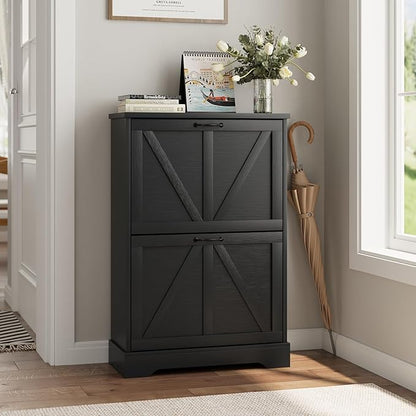 Shoe Cabinet, Shoe Storage Cabinet for Entryway with 2 Flip Drawers, Narrow Farmhouse Shoe Organizer Cabinet, Slim Shoe Rack Cabinet, 23.6in Black