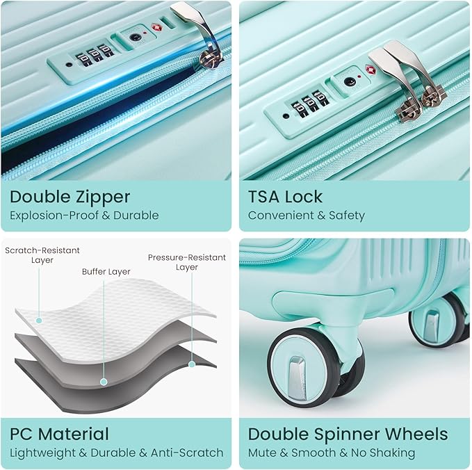 Merax 100% PC Hard Shell Luggage Set, 3 Piece Lightweight TSA Lock Spinner Suitcase with Front Pocket, Airline Approved, Mint Green, 20/24/28 Inch