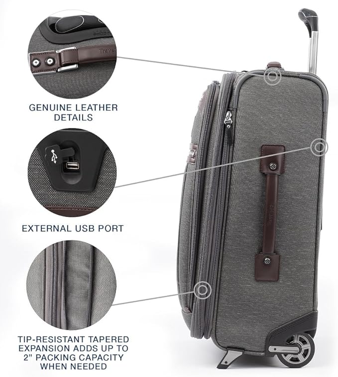 Travelpro Platinum Elite Softside Expandable Carry on Luggage, 2 Wheel Upright Suitcase, USB Port, Men and Women, Vintage Grey, Carry On 22-Inch