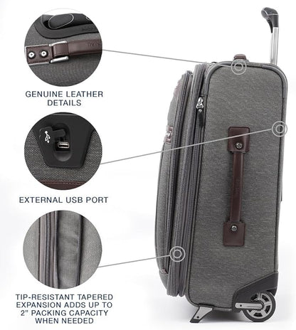 Travelpro Platinum Elite Softside Expandable Carry on Luggage, 2 Wheel Upright Suitcase, USB Port, Men and Women, Vintage Grey, Carry On 22-Inch