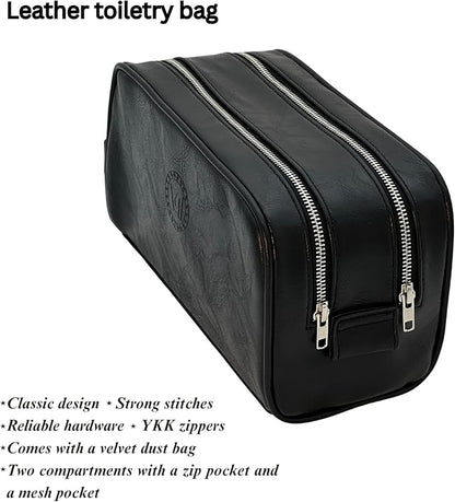 Dopp Gift Large Travel Toiletry Bag Premium Quality PU Leather Two compartments YKK Zippers Water-resistant Bottom Studs Mesh Pockets Durable Cosmetic Organizer BLACK
