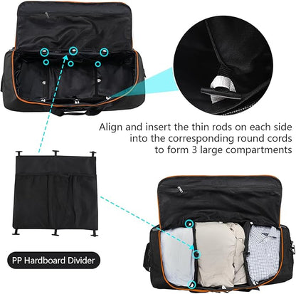 110L Expandable to 140L 32” Foldable Oxford Soft-Sided Rolling Duffle Bag with 2 Heavy-Duty Wheels,3 Large Compartments,Adjustable Shoulder Strap and Attached Organizer Pouch,Black Orange