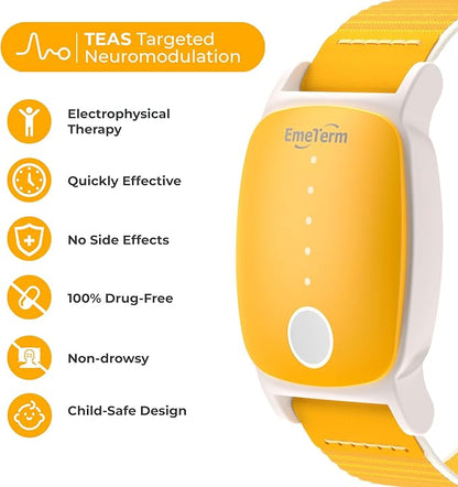 EmeTerm Explore for Kids FDA-Cleared Anti-Nausea Wristband IP68 Waterproof Morning Motion Sickness Relief Band Rechargeable Classic Strap Design Drug Free Non-drowsy Without Side Effects Sunny Yellow