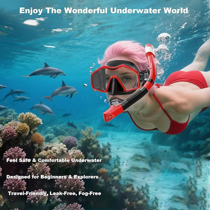 Snorkeling Gear for Adults,Dry-Top Snorkel Mask Set with Tempered Glass,Anti-Fog & Anti-Leak Panoramic Swim Mask,Adjustable Snorkel Kit with Carry Bag for Scuba Diving,Swimming,Travel