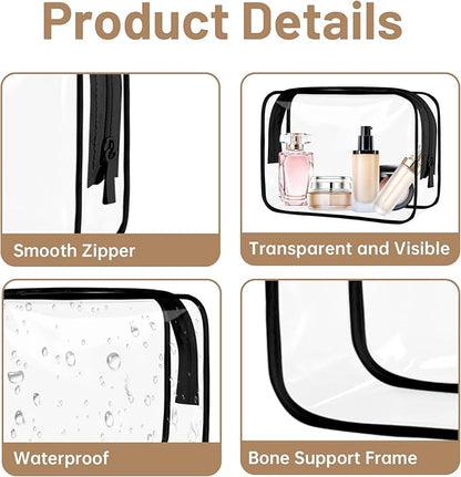 4 Pcs Clear Toiletry Bag, Portable Makeup Cosmetic Bags Pouch with Zipper, PVC Clear Travel Pouch for Women Men - Black