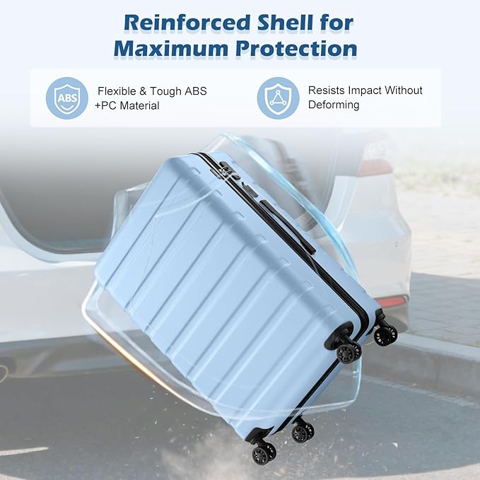 AnyZip Suitcase Hardside PC ABS Lightweight USB Luggage with Wheels TSA Lock Checked-Medium 24 Inch Light Blue