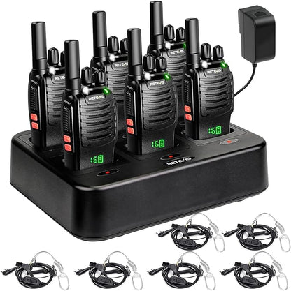 Retevis H-777H Walkie-Talkies with 6 Way Gang Charger,2 Way Radios with Earpiece,Hidden LED Segment Displays,Flashlight,USB-C,VOX,Portable FRS Two-Way Radios for Retail Property Church Hotel(6 Pack)