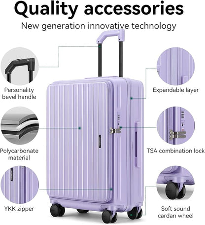 ROAMING 20 Inch Carry On Luggage Expandable Front Opening Rolling Vacation Suitcase with Spinner Wheels and TSA Lock Cup Holder PC Hard Shell Travel Trolley Case for Shout Business Trips purple