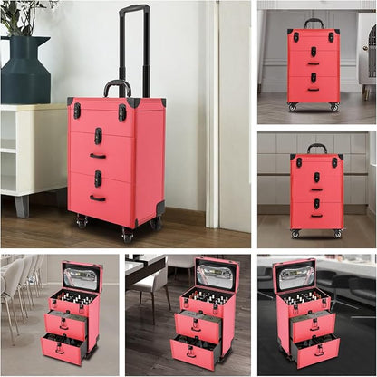 Rolling Makeup Case w/ 2 Keys, 3-tier Lockable Makeup Train Case w/ Drawers, Removable Baffle Nail Polish Organizer, Travel Cosmetic Case w/ 15-34in Telescopic Rod, 14.2*9*39.76in, Black Latch+Rose